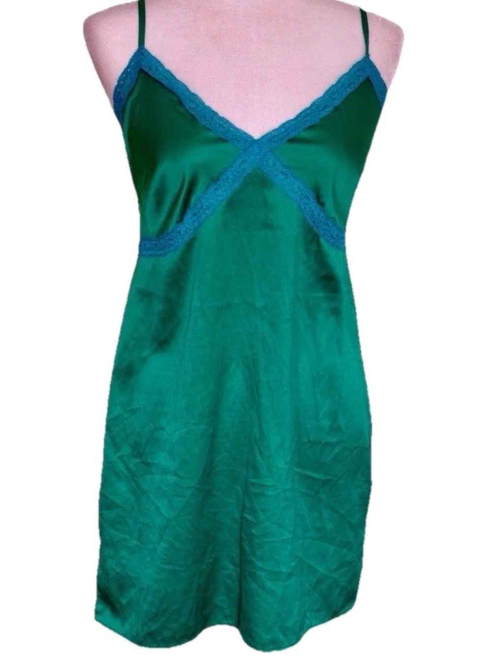 Colsie Kelly Green Y2K Babydoll Slip Dress Size XS Lace Satin Coquette Fairy 90s